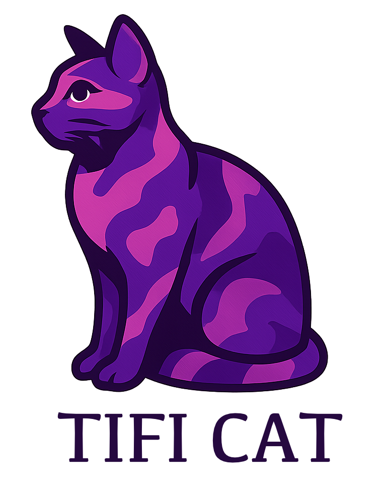 TIFICAT logo - stylized purple tortoiseshell cat